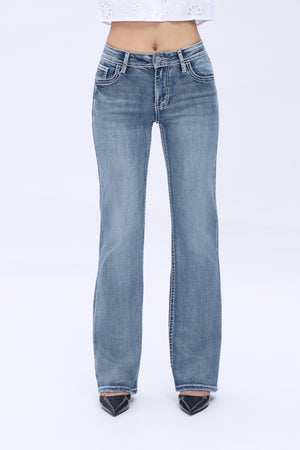 Crossella Western Straight Leg Jeans Mid Waist Stretchy Tummy Control Bootcut Denim with Cross Wings Embroidery Cowgirl Style Retro