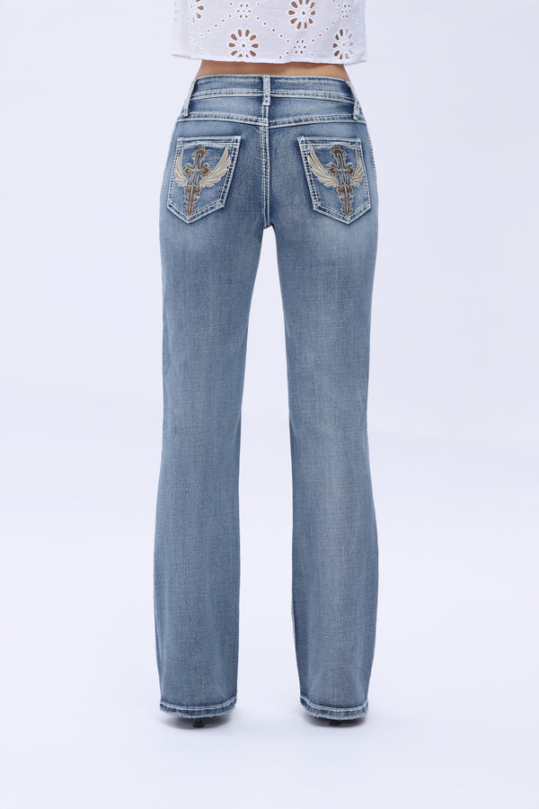 Crossella Western Straight Leg Jeans Mid Waist Stretchy Tummy Control Bootcut Denim with Cross Wings Embroidery Cowgirl Style Retro
