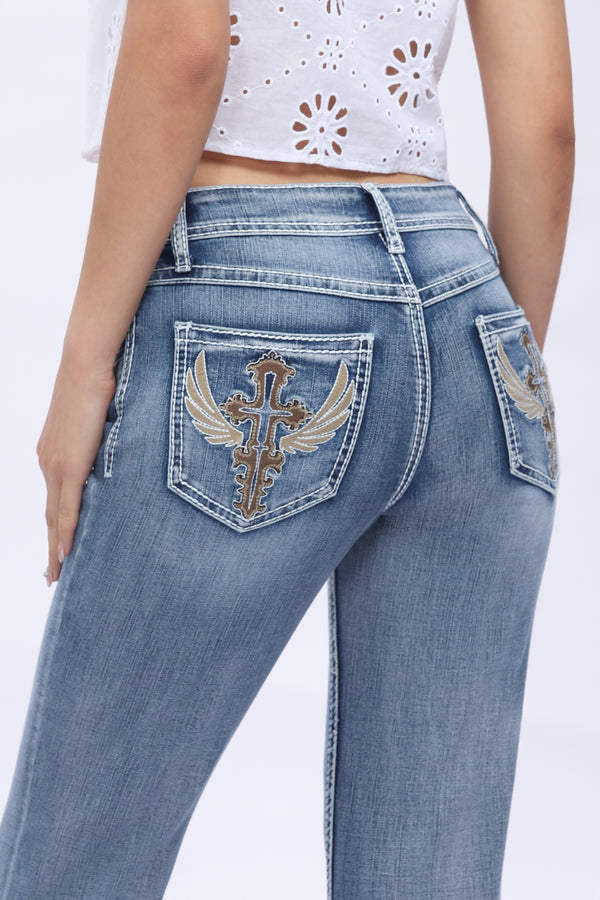 Crossella Western Straight Leg Jeans Mid Waist Stretchy Tummy Control Bootcut Denim with Cross Wings Embroidery Cowgirl Style Retro