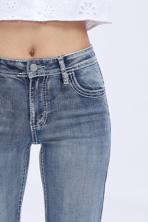 Crossella Western Straight Leg Jeans Mid Waist Stretchy Tummy Control Bootcut Denim with Cross Wings Embroidery Cowgirl Style Retro