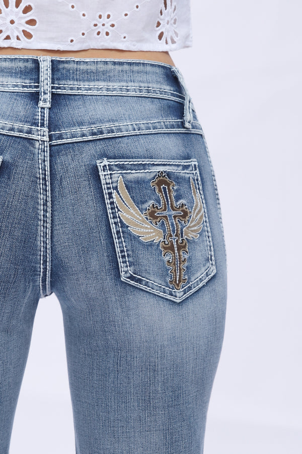 Crossella Western Straight Leg Jeans Mid Waist Stretchy Tummy Control Bootcut Denim with Cross Wings Embroidery Cowgirl Style Retro