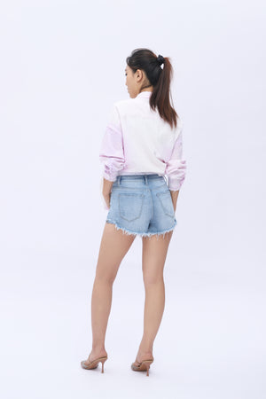 Women's Mid-to-High Rise Distressed Denim Shorts - Light Wash Ripped Jean Shorts with Button Fly and Raw Hem for a Chic Summer Look