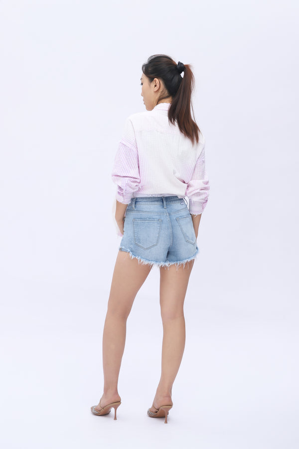 Women's Mid-to-High Rise Distressed Denim Shorts - Light Wash Ripped Jean Shorts with Button Fly and Raw Hem for a Chic Summer Look