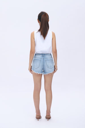 Women's Mid-to-High Rise Distressed Denim Shorts - Light Wash Ripped Jean Shorts with Button Fly and Raw Hem for a Chic Summer Look