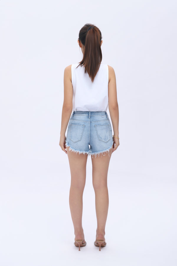 Women's Mid-to-High Rise Distressed Denim Shorts - Light Wash Ripped Jean Shorts with Button Fly and Raw Hem for a Chic Summer Look