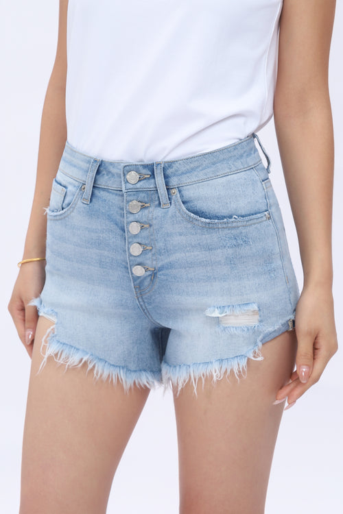 Women's Mid-to-High Rise Distressed Denim Shorts - Light Wash Ripped Jean Shorts with Button Fly and Raw Hem for a Chic Summer Look