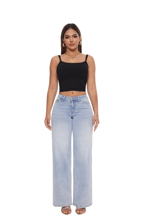 SHAPUM Mid-Low Rise Baggy Jeans Wide Leg for Women Distressed Pants Stretchy Bottom Lady Basic Comfortable Jeans