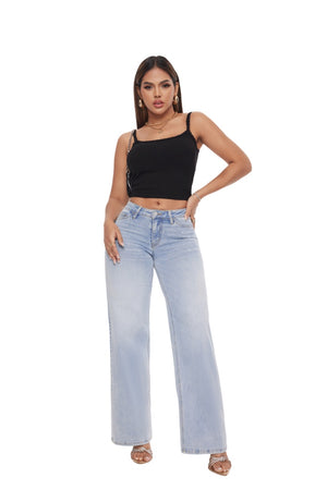 SHAPUM Mid-Low Rise Baggy Jeans Wide Leg for Women Distressed Pants Stretchy Bottom Lady Basic Comfortable Jeans