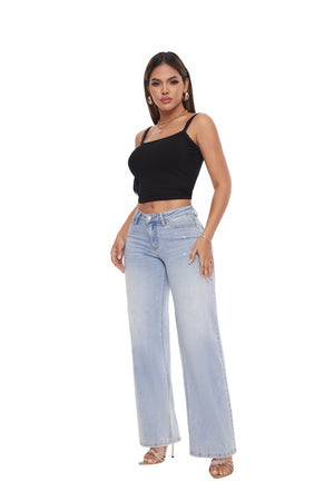 ONESO Mid-Low Rise Baggy Jeans Wide Leg for Women Distressed Pants Stretchy Bottom Lady Basic Comfortable Denim