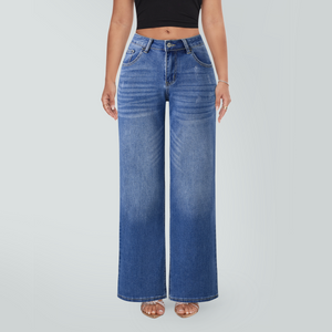 SHAPUM Women's Mid Rise Relaxed Fit Wide Leg Stretch Cuffed Jeans