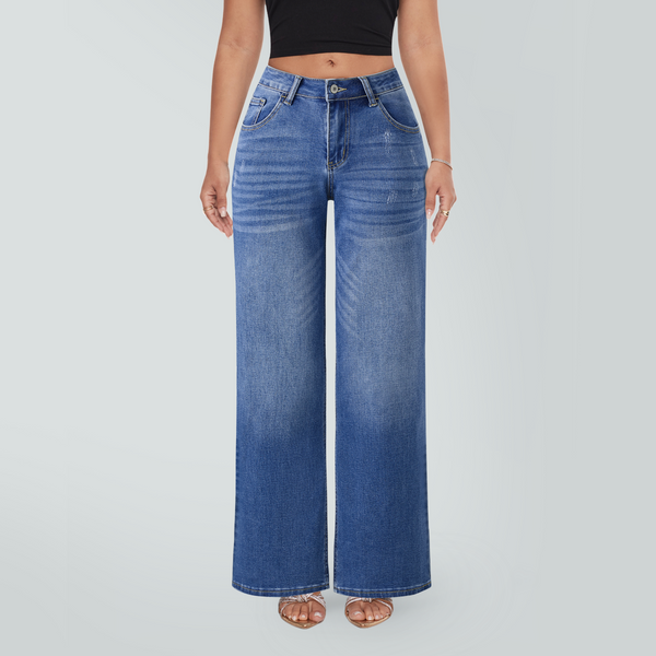 SHAPUM Women's Mid Rise Relaxed Fit Wide Leg Stretch Cuffed Jeans