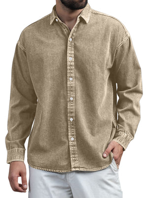 Men's Retro Casual Solid Color Lapel Long Sleeve Shirt