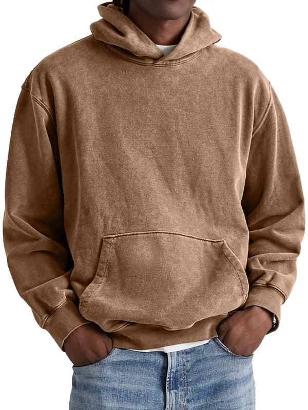 Men's Retro Cotton Hooded Distressed Washed Solid Color Sweatshirt