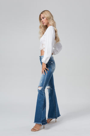 Destroyed Flare Jeans for Women Mid Rise Ripped Raw Hem Bell Bottom Denim Pants