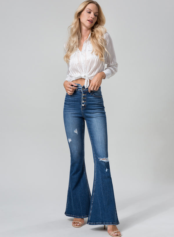 ONESO Ultra High Waisted Distressed Flare Jeans