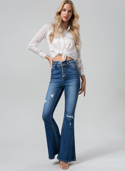 ONESO Ultra High Waisted Distressed Flare Jeans