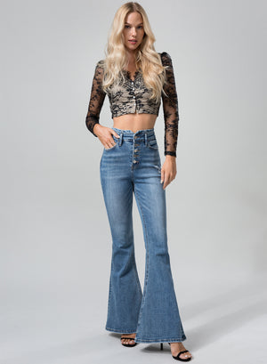ONESO High-Waisted Flared Medium Blue Jeans Casual Comfort Pants Womenswear Sexy Bottom