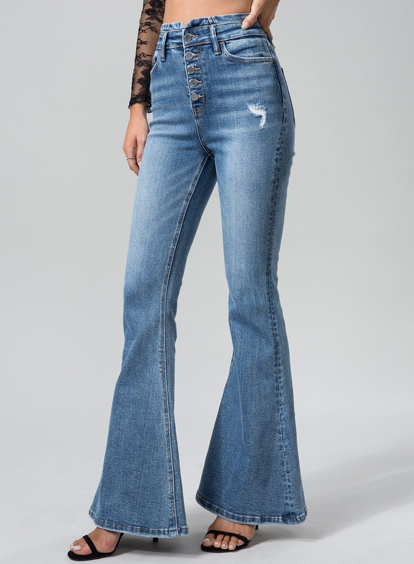 ONESO High-Waisted Flared Medium Blue Jeans Casual Comfort Pants Womenswear Sexy Bottom