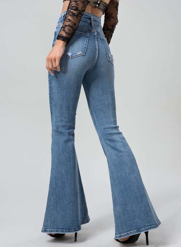 ONESO High-Waisted Flared Medium Blue Jeans Casual Comfort Pants Womenswear Sexy Bottom