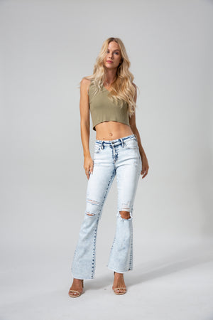 ONESO Womens Flare Jeans High Waist Bell Bottom Jeans for Women High Rise Stretchy Denim Distressed Raw Hem Wide Leg Pants