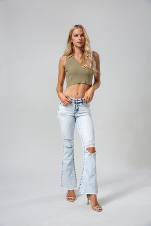 ONESO Womens Flare Jeans High Waist Bell Bottom Jeans for Women High Rise Stretchy Denim Distressed Raw Hem Wide Leg Pants