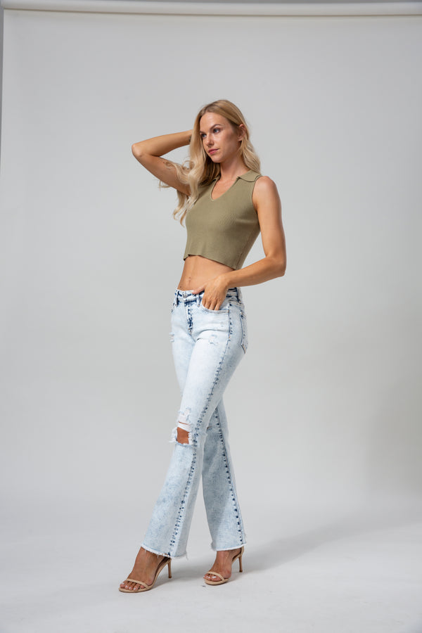 ONESO Womens Flare Jeans High Waist Bell Bottom Jeans for Women High Rise Stretchy Denim Distressed Raw Hem Wide Leg Pants