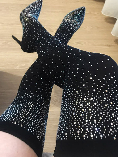 Rhinestone Decor Thigh High Boots