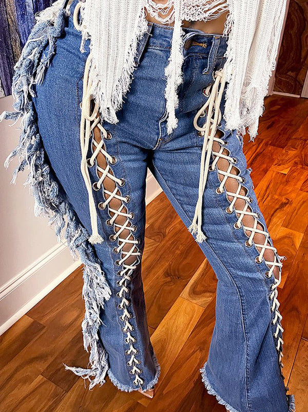 Lace Up Tassel Jeans