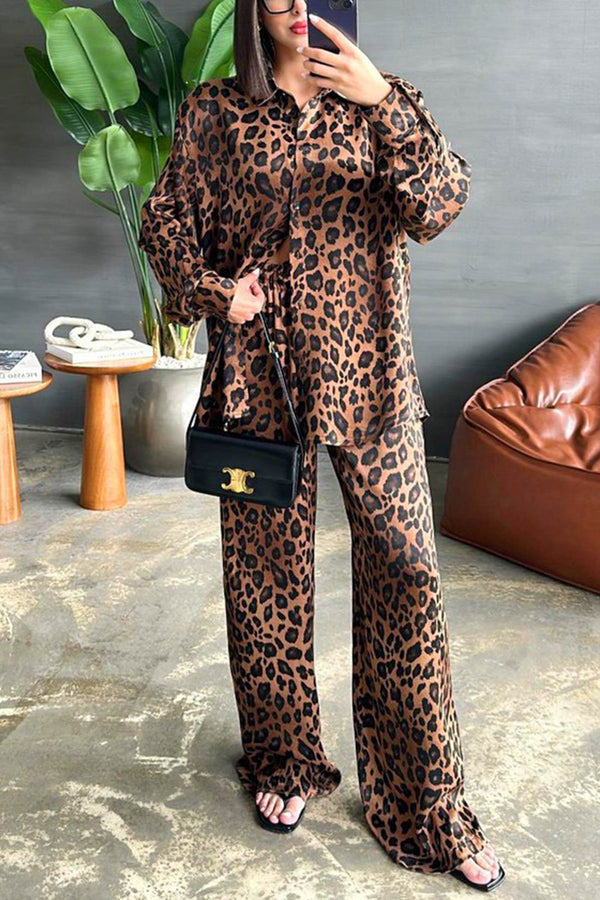 Leopard Print Long Sleeve Blouse Set