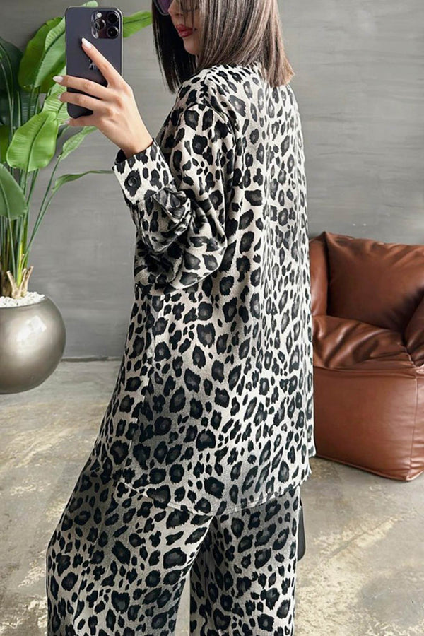 Leopard Print Long Sleeve Blouse Set