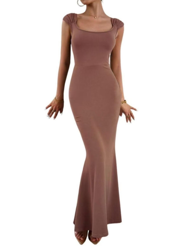 Square Neck Cap Sleeve Bodycon Maxi Dresses