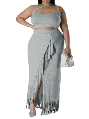 Plus Size Two Piece Sling Tops & Fringe Skirt