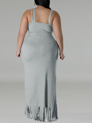 Plus Size Two Piece Sling Tops & Fringe Skirt