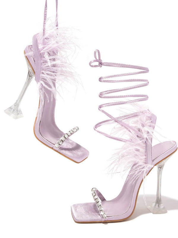 Rhinestone Feather Square Toe Sandals