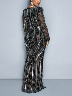 Mesh Rhinestones Sheer Maxi Dress