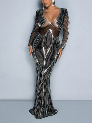 Mesh Rhinestones Sheer Maxi Dress