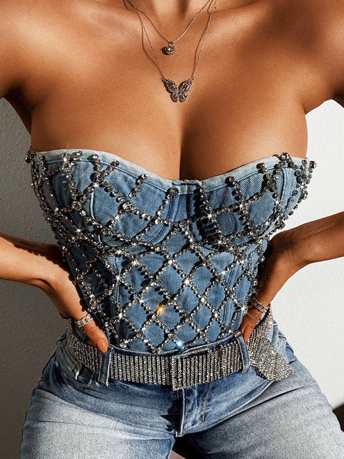 Rhinestone Denim Bustier Top