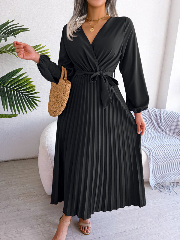 Temperament cross V-neck big swing pleated long dress