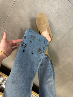 High-Waist Plus Size Slimming Straight-Leg Denim Jeans with Cutouts