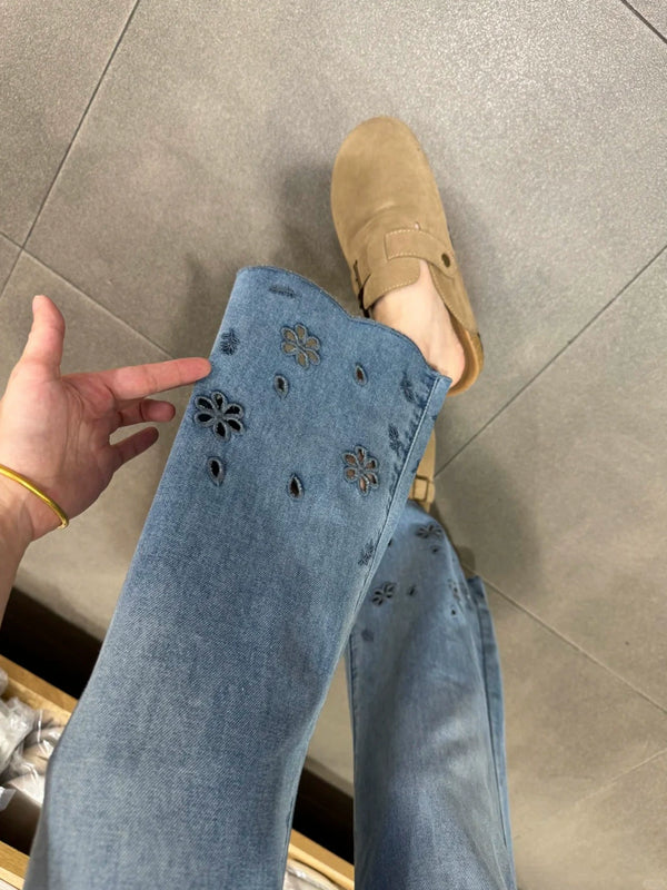 High-Waist Plus Size Slimming Straight-Leg Denim Jeans with Cutouts