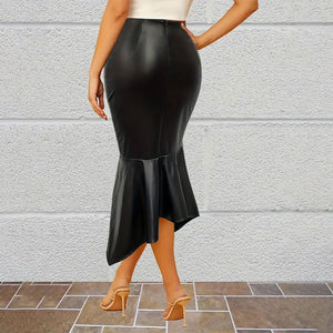 Ruffle Hem Slim PU Half Leather Skirt