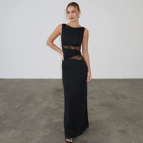 Women's Solid Color Semi-Transparent Lace Cutout Twisted Waist Dress