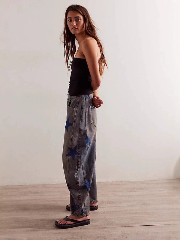 Women's Retro Low-Rise Non-Stretch Washed Printed Wide-Leg Curved-Leg Jeans