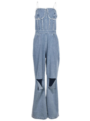 Ripped Strapless Denim Jumpsuit