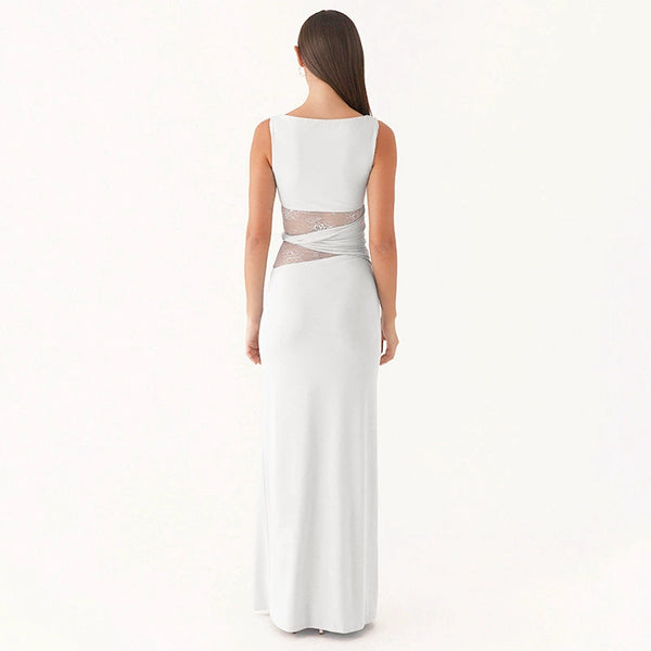 Women's Solid Color Semi-Transparent Lace Cutout Twisted Waist Dress