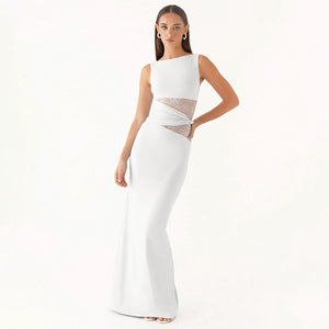 Women's Solid Color Semi-Transparent Lace Cutout Twisted Waist Dress