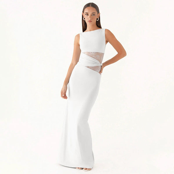 Women's Solid Color Semi-Transparent Lace Cutout Twisted Waist Dress