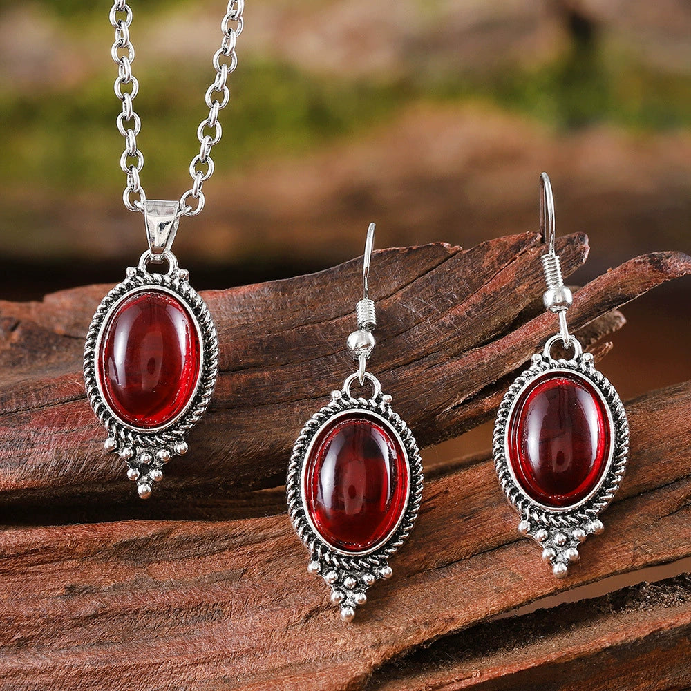 Fine Cameo Set Ruby Oval Glass Pendant Fashion Earrings Necklace Set