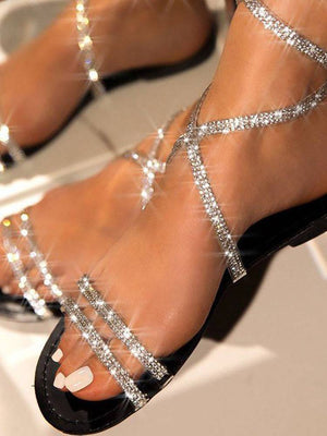 Strap Shiny Rhinestone Flat Sandals