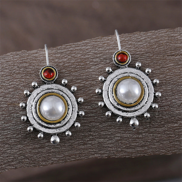 Vintage Round Pearl Flower Disk Earrings